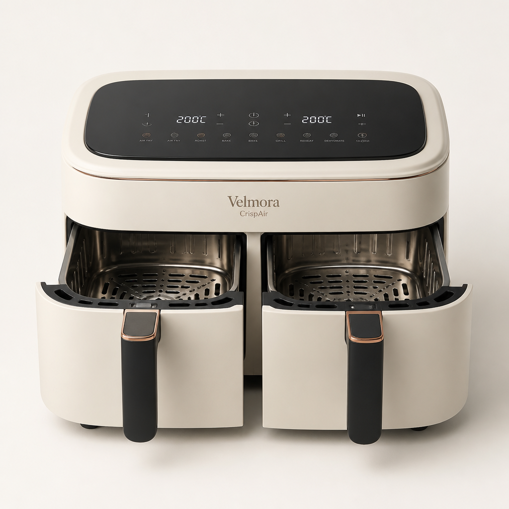 Velmora CrispAir dual-basket air fryer in matte ivory, studio