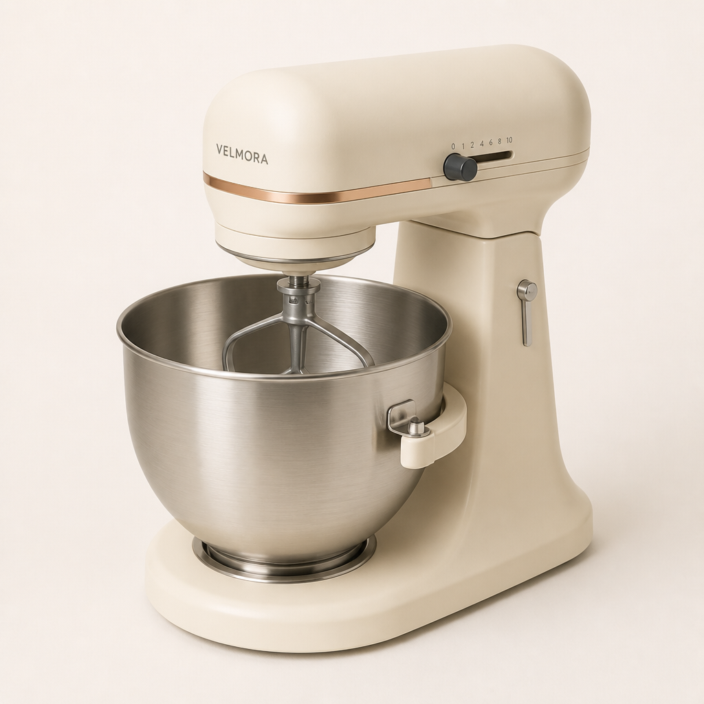 Velmora ProMix 5.5L stand mixer in matte ivory, studio